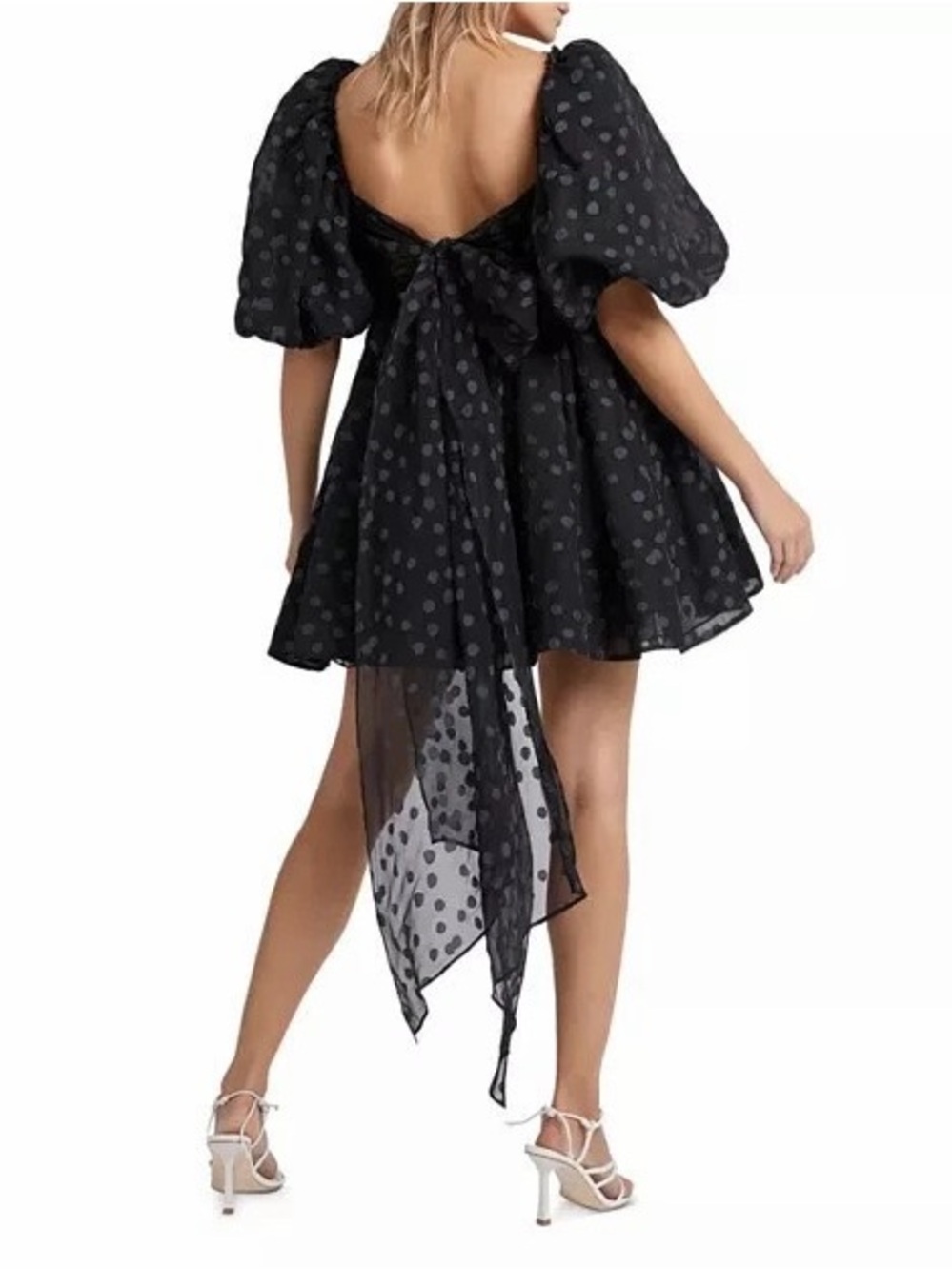 AJE La Piscine NWT Dotted Chiffon Puff Sleeve Bow Back Mini Dress Size 4 US Sz 0 - Picture 2 of 16